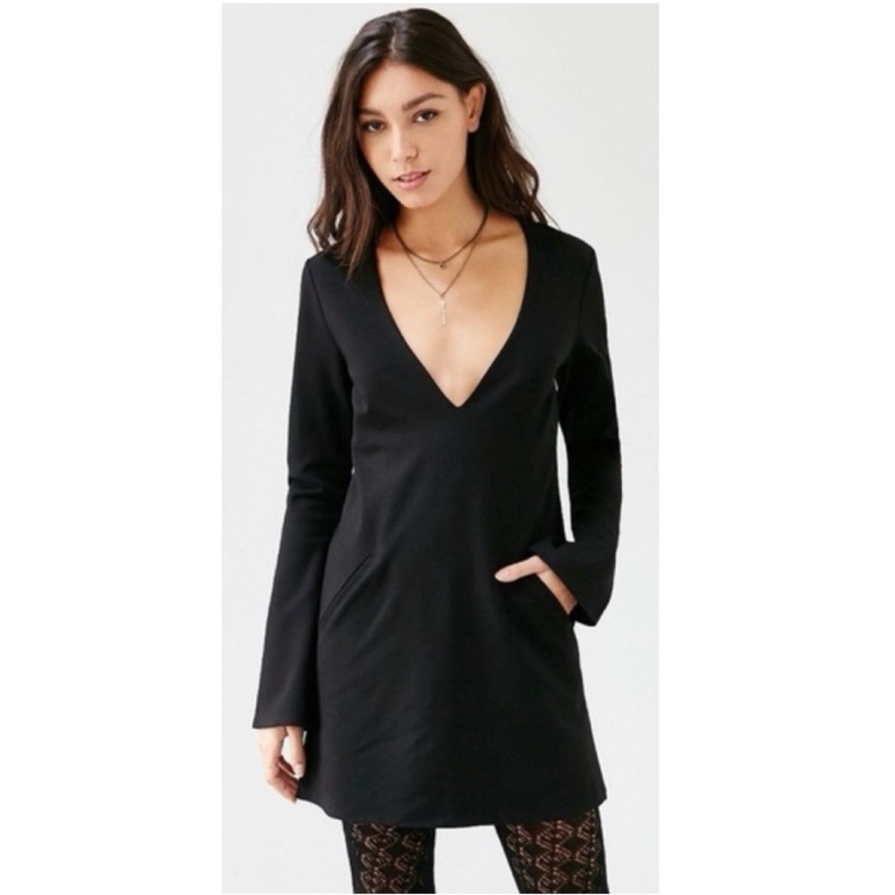 Urban Outfitters silence + noise Black V-Neck Long Sleeve Oslo Plunge Mini Dress